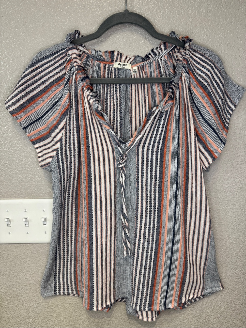 Dylan Striped Cotton Gauze Peasant Top Blue Coral Boho Blouse Size Medium